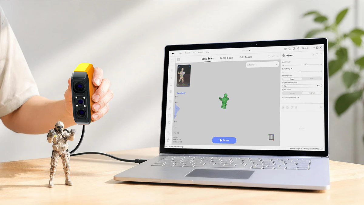 3DMakerpro Fox 3D Scanner beim Scannen einer Figur mit einfachem Plug-in-und-Scan-Workflow