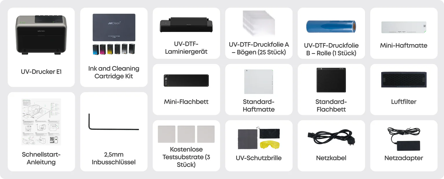 Lieferumfang eufyMake E1 + UV DTF-Laminiergerät-Set