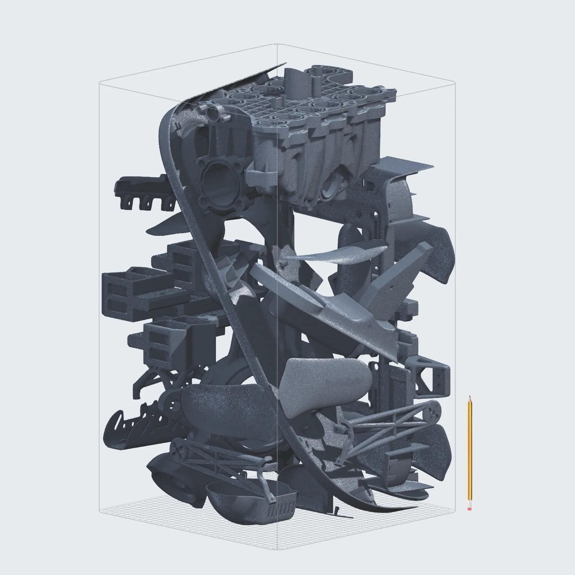 SLS Druckjob mit 29 unterschiedlichen Bauteilen und hoher Teilevielfalt im Formlabs Fuse X1