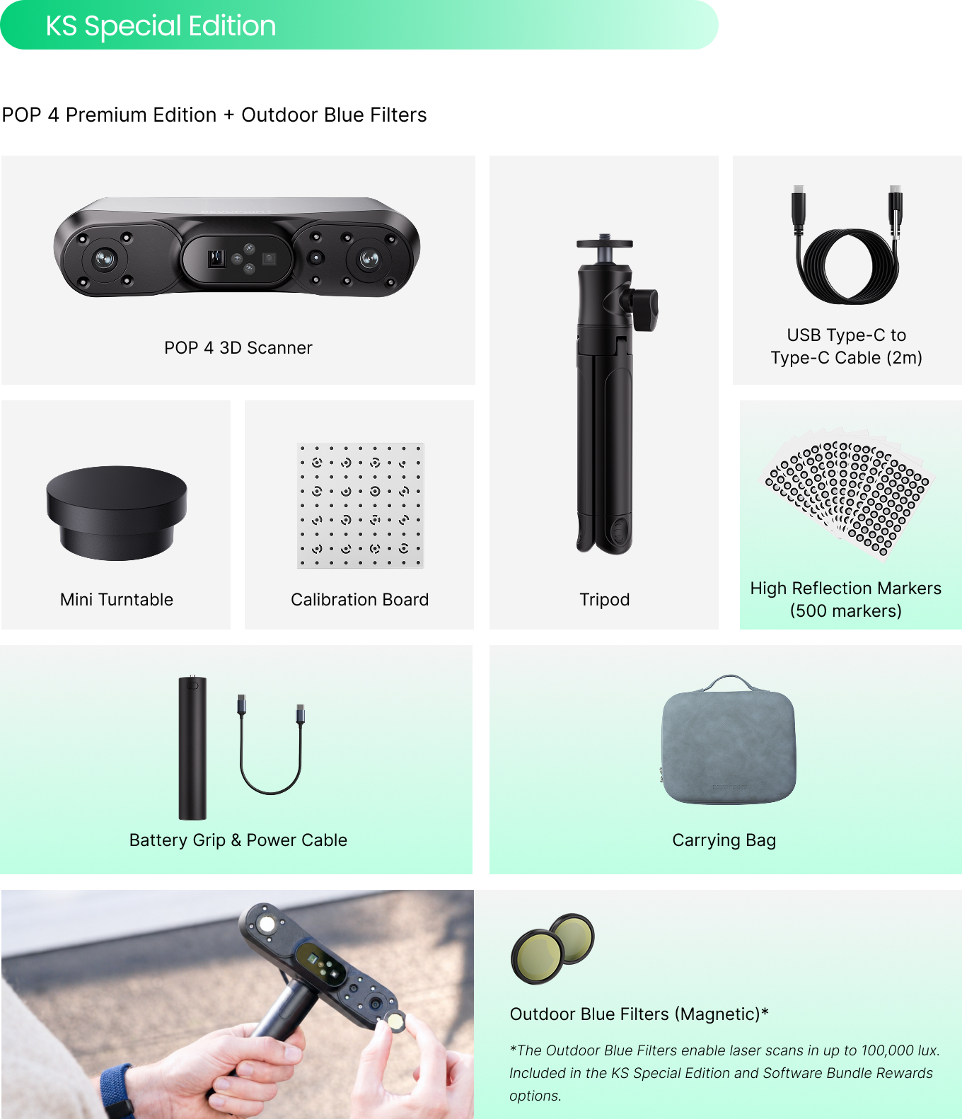 Revopoint POP 4 Premium Edition KS Special Edition 3D-Scanner Lieferumfang mit Outdoor Blue Filters