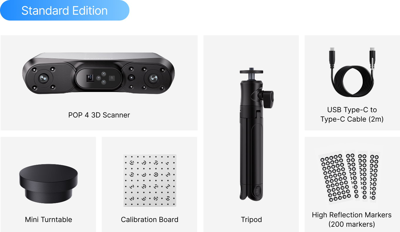 Revopoint POP 4 Standard Edition 3D-Scanner Lieferumfang mit POP 4 3D Scanner, Mini Turntable, Calibration Board, Tripod, USB-C Kabel und High Reflection Markers